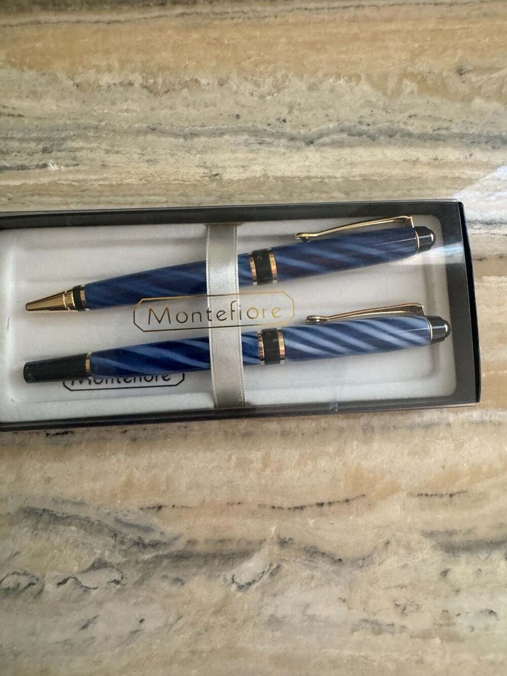 Montefiore Blue Swirl Ballpoint Pen and Rollerball Pen Set with Case